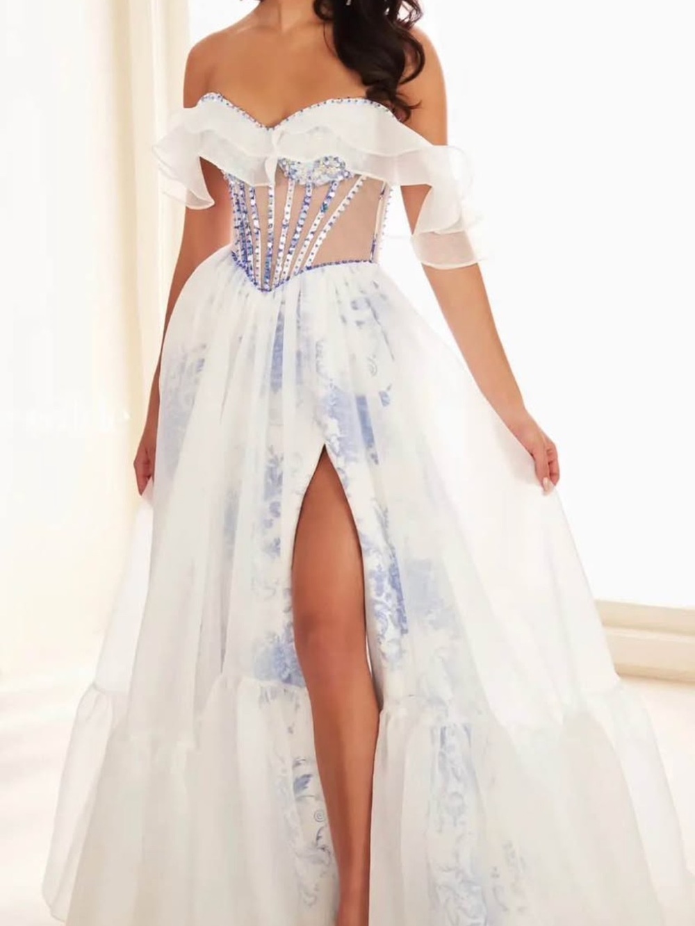Off-Shoulder White & Light Blue Ruffled Corset Evening Dress
